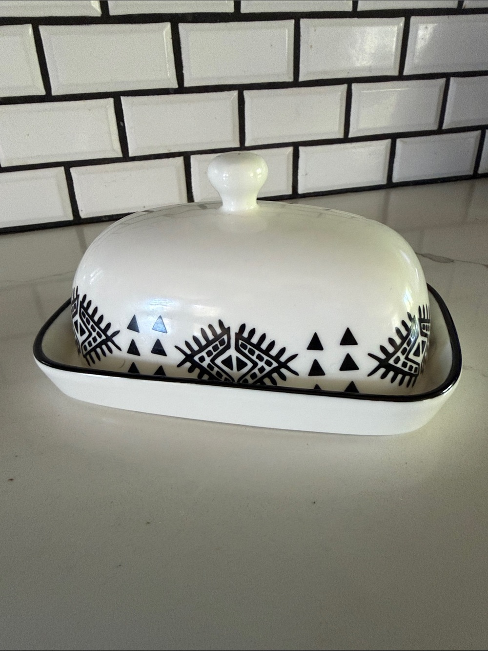 White Ceramic Butter Dish with Black Geometric Pattern